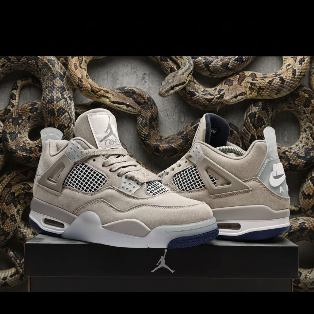 A pair of Air Jordan 4 Retro 'White Cement' sneakers in beige and white, displayed on a black shoebox against a textured gray background. The screenshot includes a browser address bar at the top and a mobile app interface at the bottom.