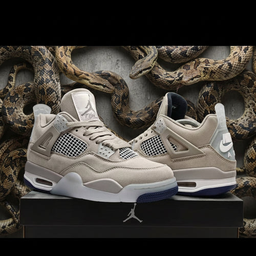 A pair of Air Jordan 4 Retro 'White Cement' sneakers in beige and white, displayed on a black shoebox against a textured gray background. The screenshot includes a browser address bar at the top and a mobile app interface at the bottom.