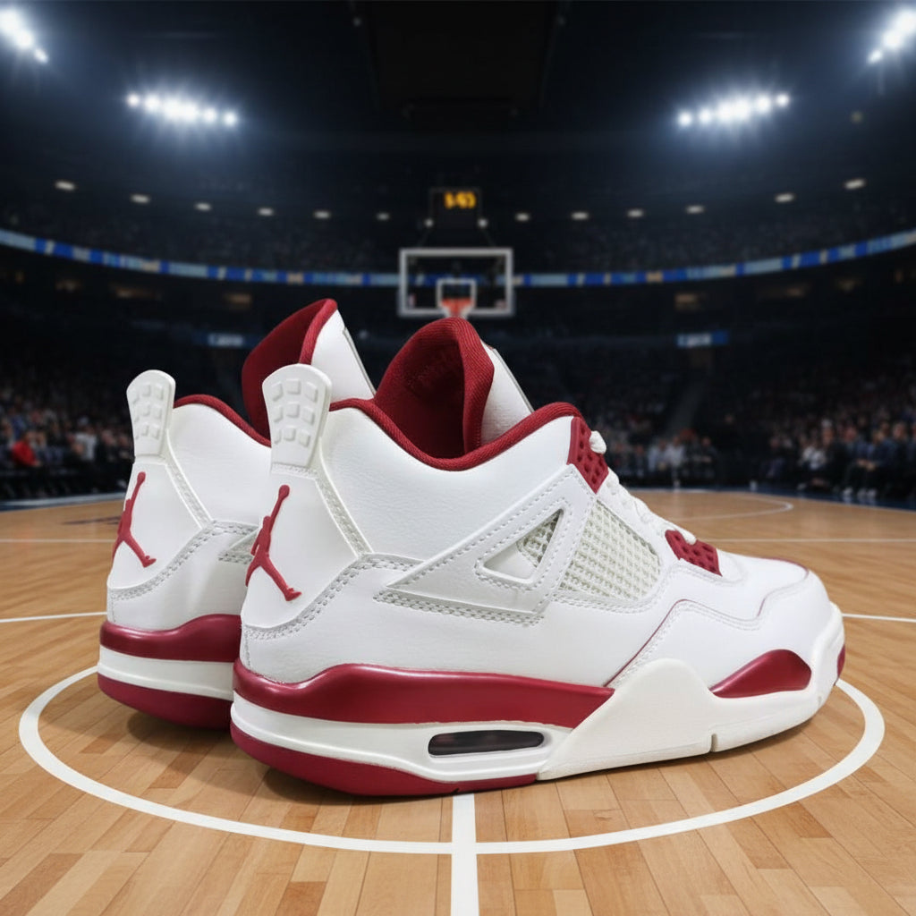 A pair of white and red Jordan 4 Retro Low Air Jordan sneakers shown from the back, featuring the Jumpman logo on the heel, white mesh panels, and red accents on the midsole and collar lining.