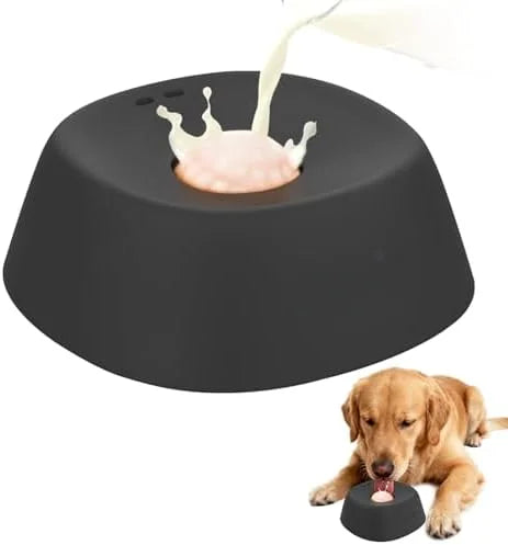 Hund, der Napf mit Ball leckt